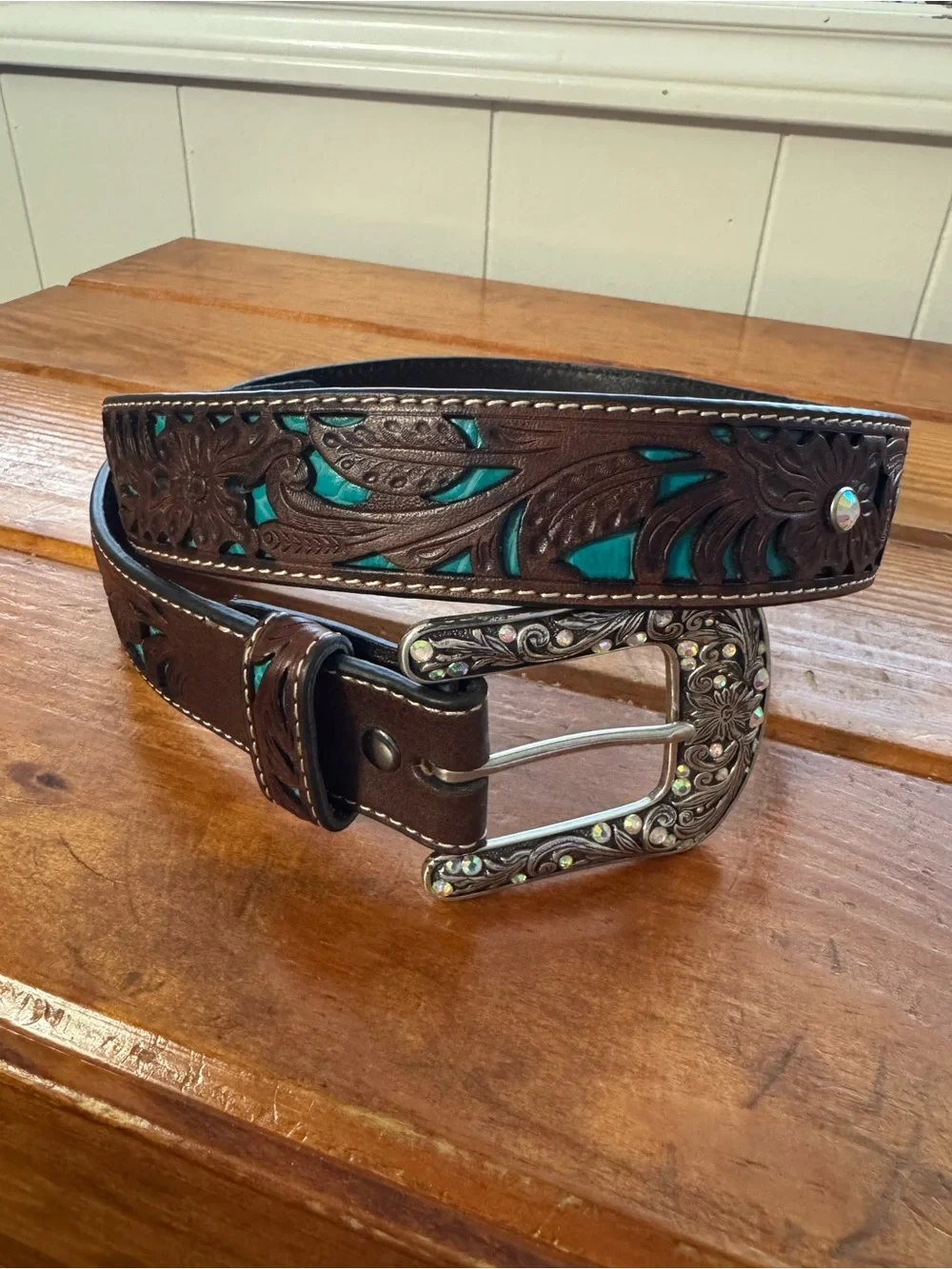 ARIAT Belt Women S Floral Tooled W/Turquoise Inlay Genuine Leather